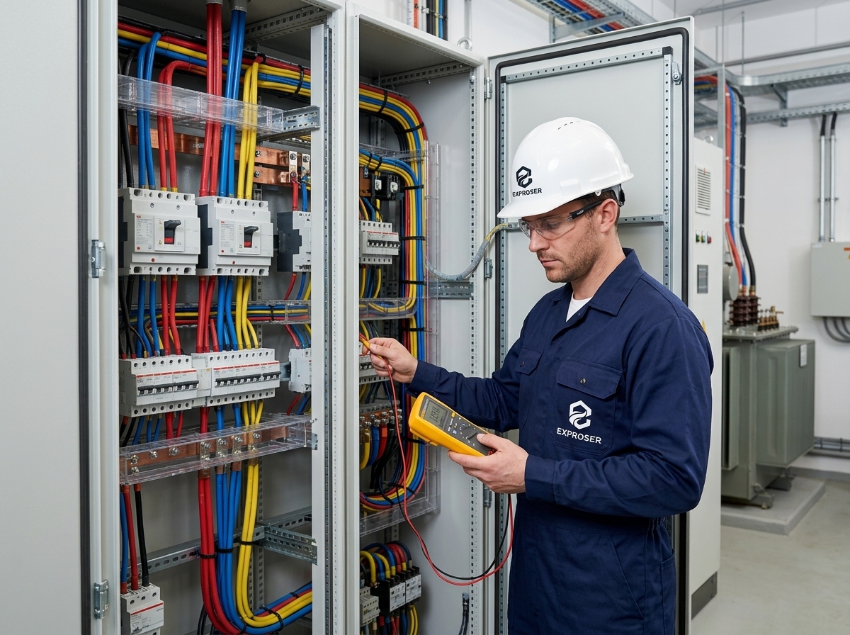 Electricista certificado EXPROSER trabajando en tablero eléctrico RETIE