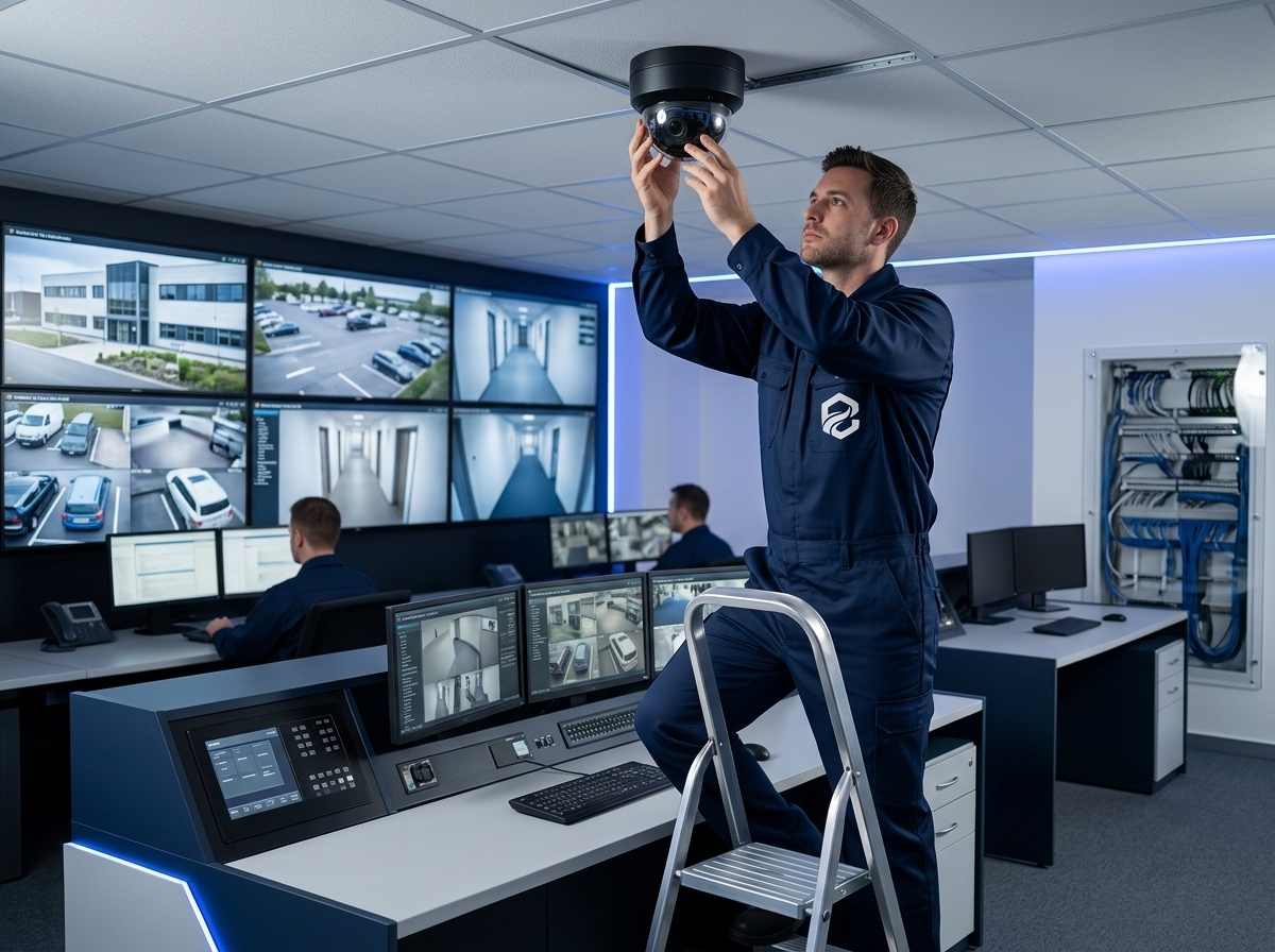 Técnico EXPROSER instalando cámara CCTV de seguridad electrónica