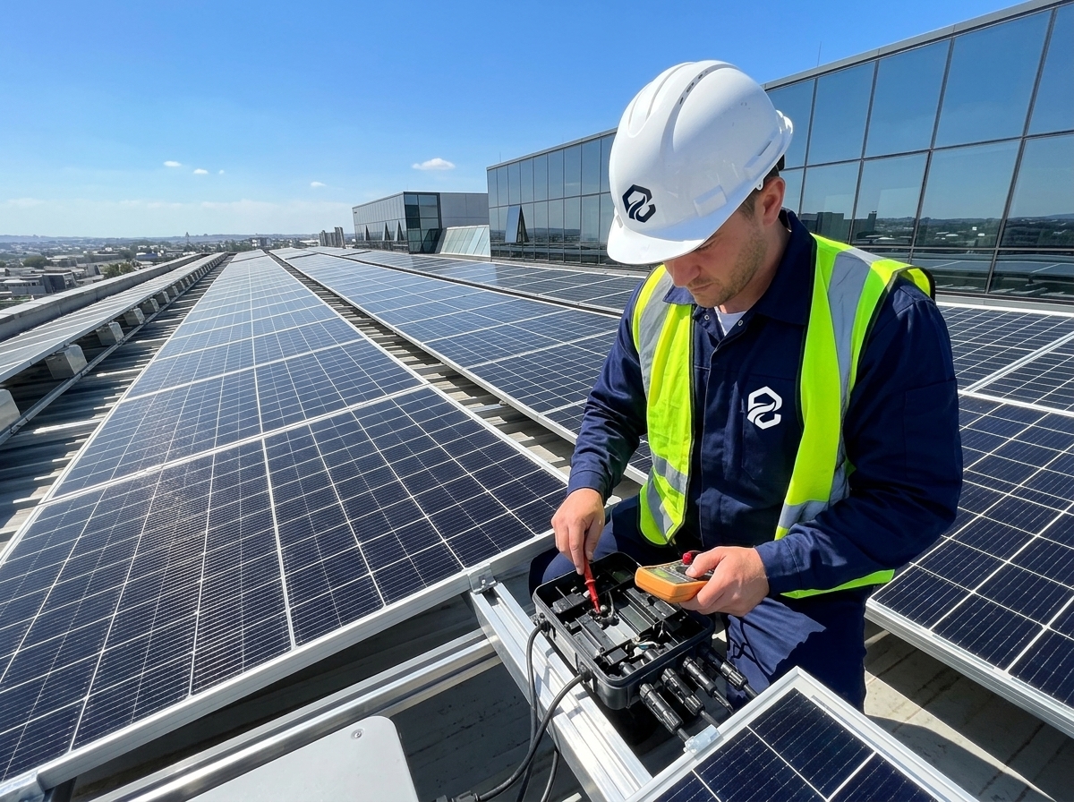 Técnico solar EXPROSER inspeccionando paneles solares en cubierta